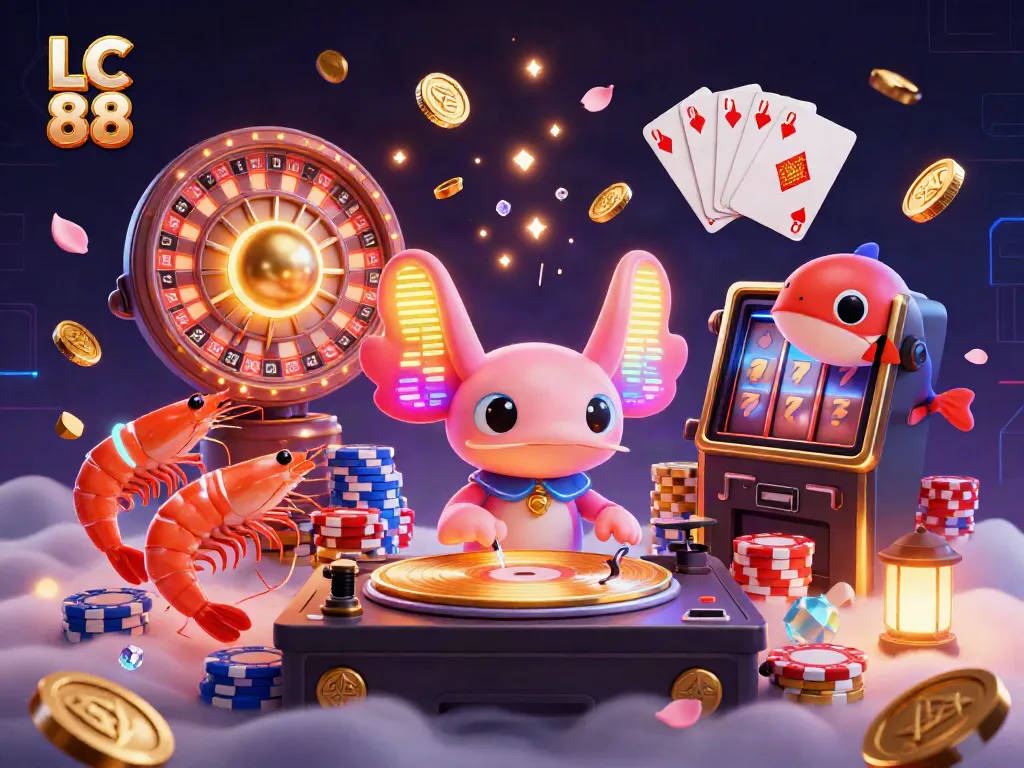 Experience vibrant gaming action at LC 88 with an axolotl DJ, shrimp dancers, and golden coins.