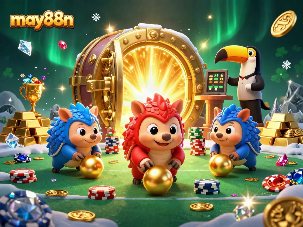 may88n features a dynamic scene of playful pangolins themed around a vibrant casino atmosphere.