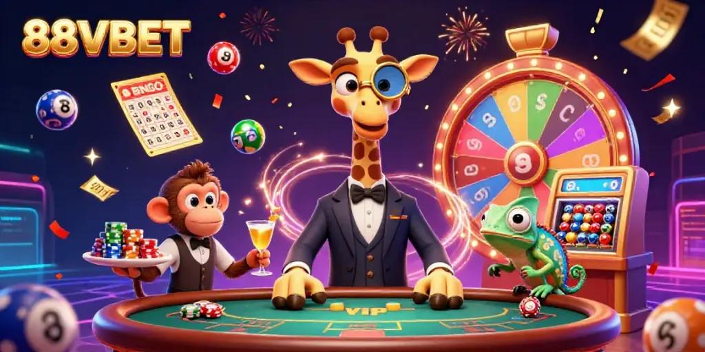 Engage with the vibrant world of 88VBET, featuring a high-roller giraffe and exciting gambling elements.