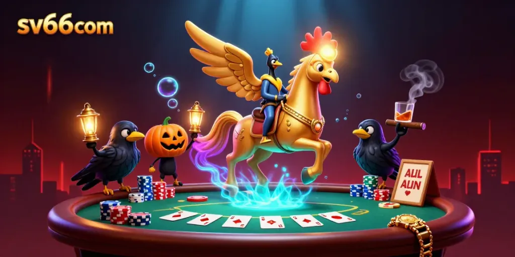 Experience thrilling gameplay at sv66 com with a 3D golden rooster headless horseman in a vibrant casino scene.