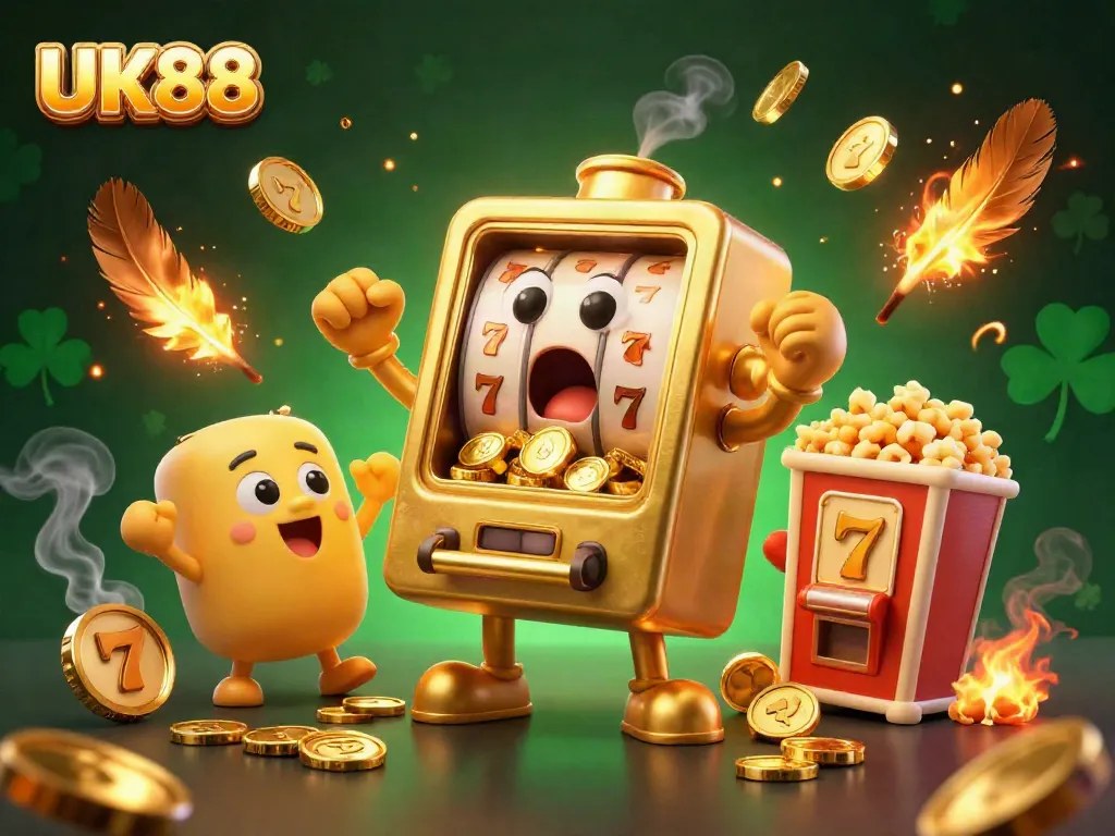 UK88 golden slot machine hits jackpot, surrounded by baby slots and coins, illustrating exciting gambling action