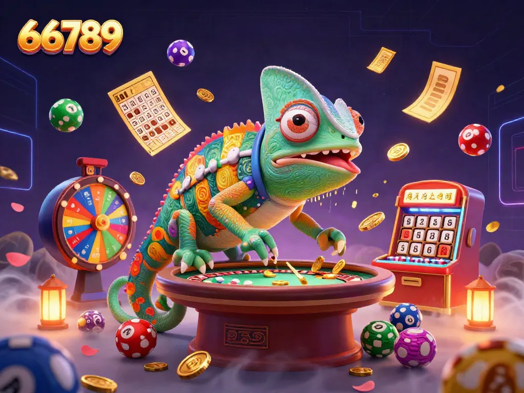 Experience the excitement of 66789 with a vibrant 3D Casino scene showcasing a chameleon owner and gaming elements.