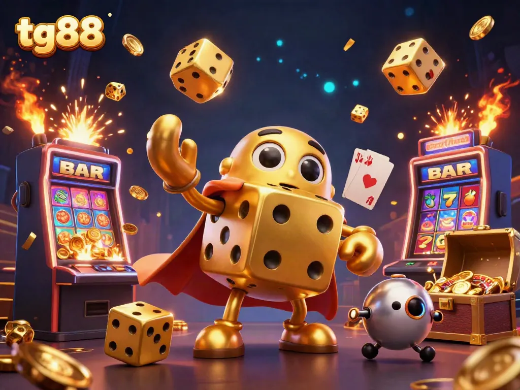 Engage in an exhilarating gaming experience with tg88's vibrant casino scene showcasing golden dice, slot machines, and dynamic game elements.
