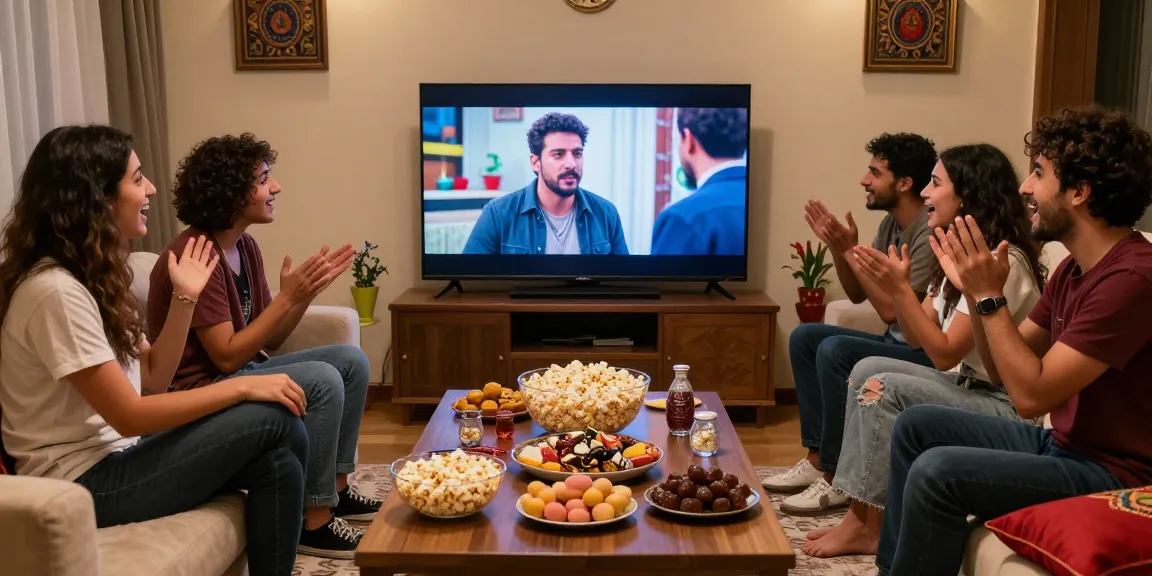 Group of friends enjoying a المسلسل, مسلسلات تركية, مسلسلات عربية viewing party at home.