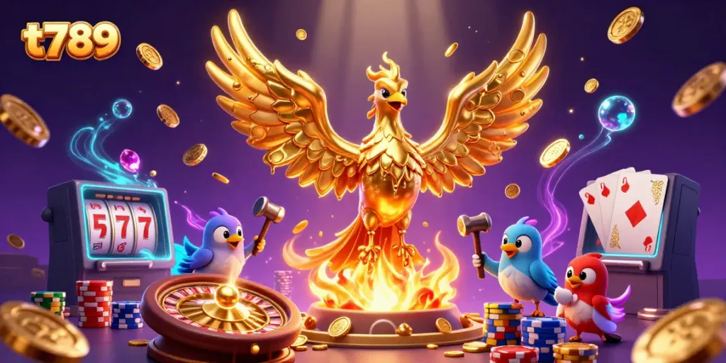 Experience the thrill of t789 with a molten golden phoenix and vibrant casino elements.