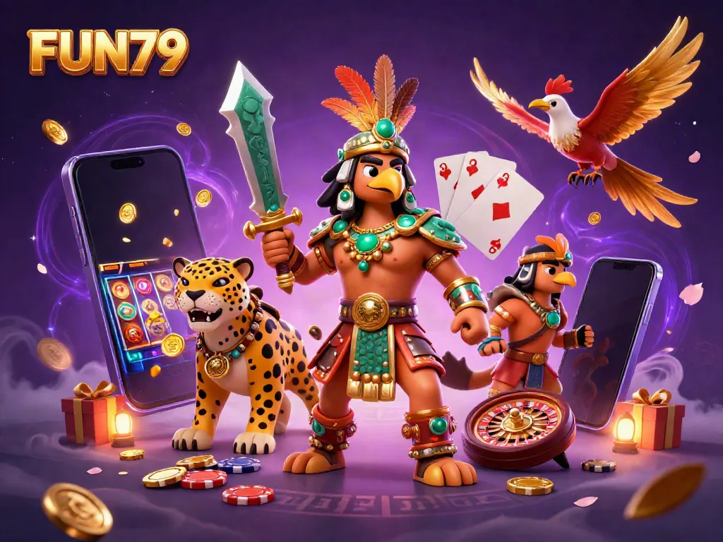 Engage in thrilling gaming with FUN79 featuring an Aztec warrior, jackpot elements, and vibrant casino atmosphere.