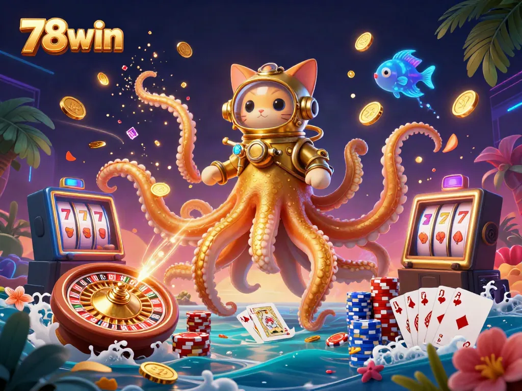 Experience thrilling gaming at 78win with a dynamic illustration showcasing a kraken and a diving cat amidst cascading treasures.