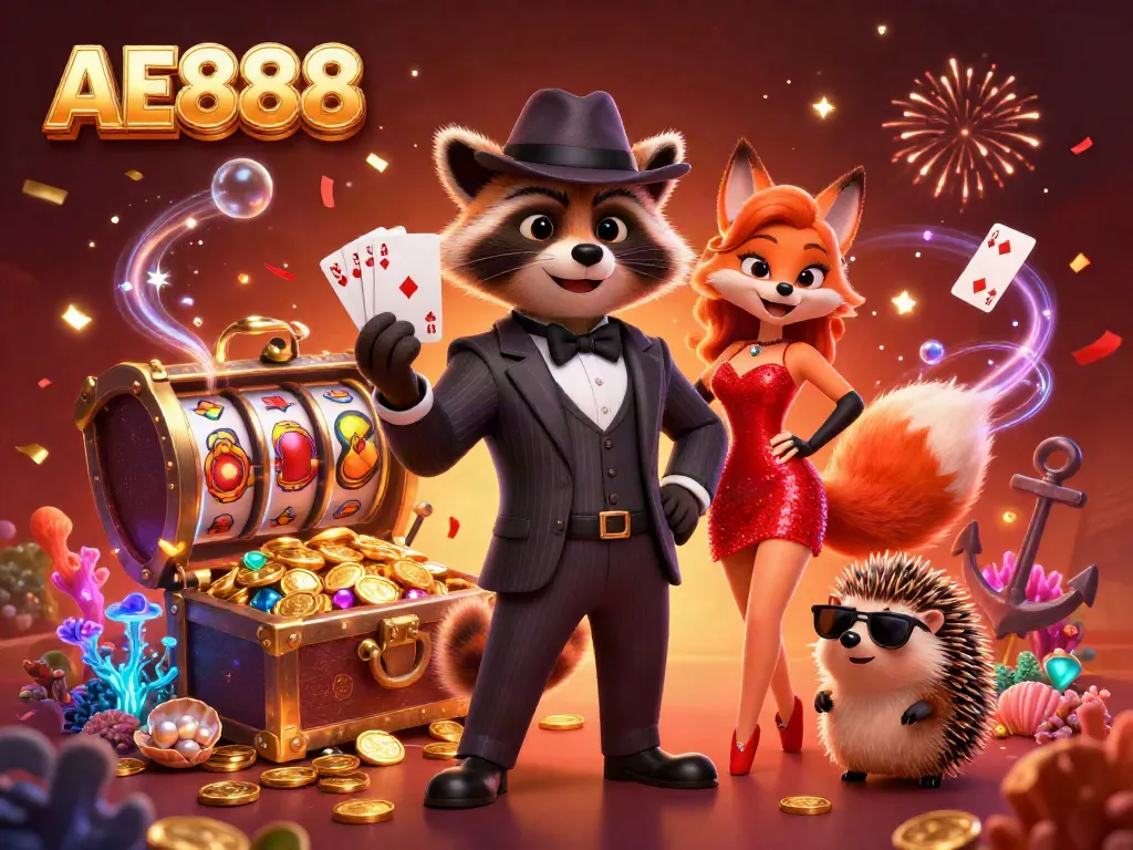 Experience thrilling gameplay at AE888 with lively characters and casino elements, creating an exciting atmosphere.