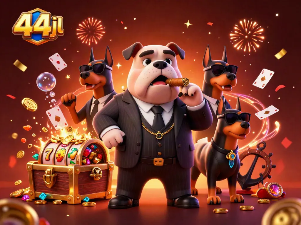 Engage with 44jl's vibrant casino scene featuring a mafia bulldog boss and golden rewards