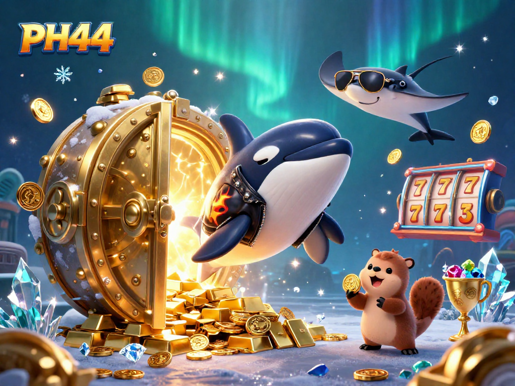 Celebrate wins at PH44 with a dynamic cartoon scene of a biker whale, stingray, and otters with treasures.