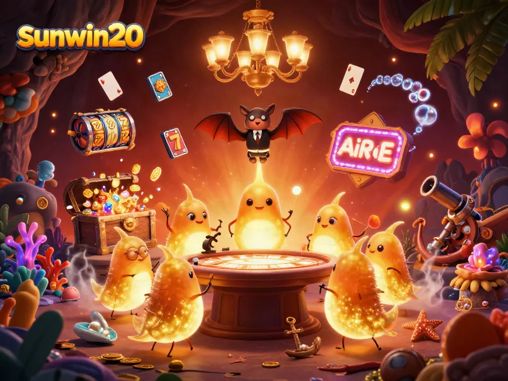 Engage with sunwin20 at a vibrant casino scene illuminated by glowworms, showcasing exciting slot reels.