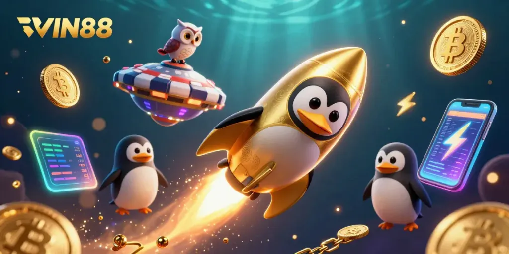VIN88 attracts players with a dazzling golden penguin and casino space station in captivating digital art.