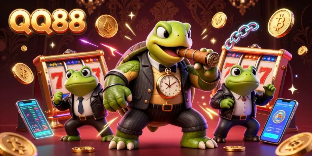 Engage with thrilling QQ88 slots through a vibrant 3D casino scene featuring unique characters and game elements.