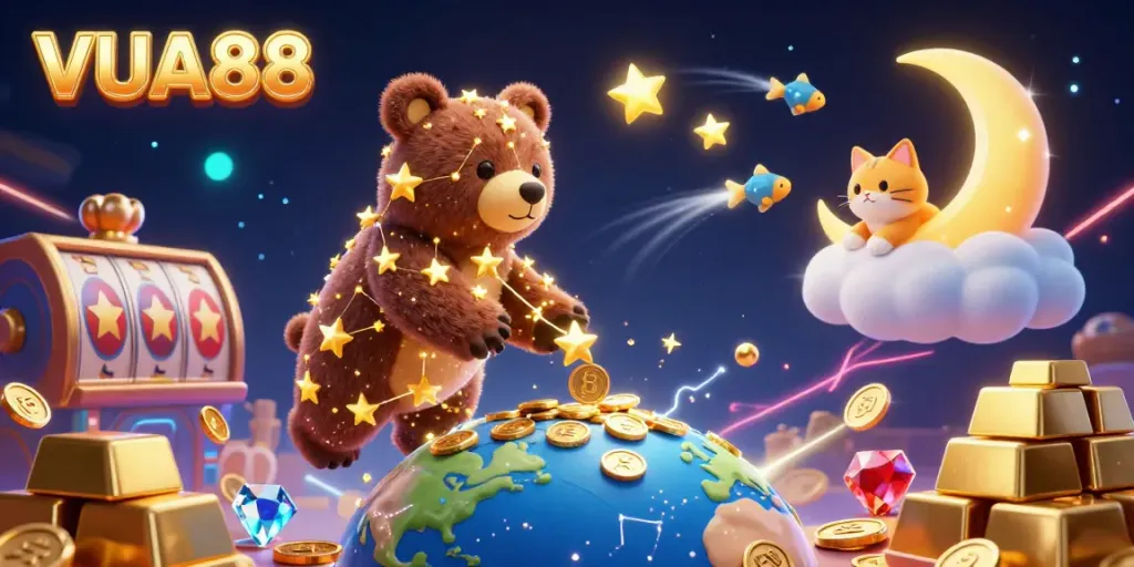 Experience VUA88's magic with a constellation bear and treasures soaring through a starry night.
