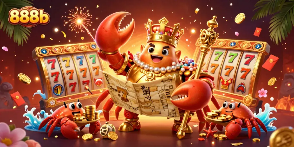 Join the fun at 888b with a golden crab emperor and exciting slot game elements.