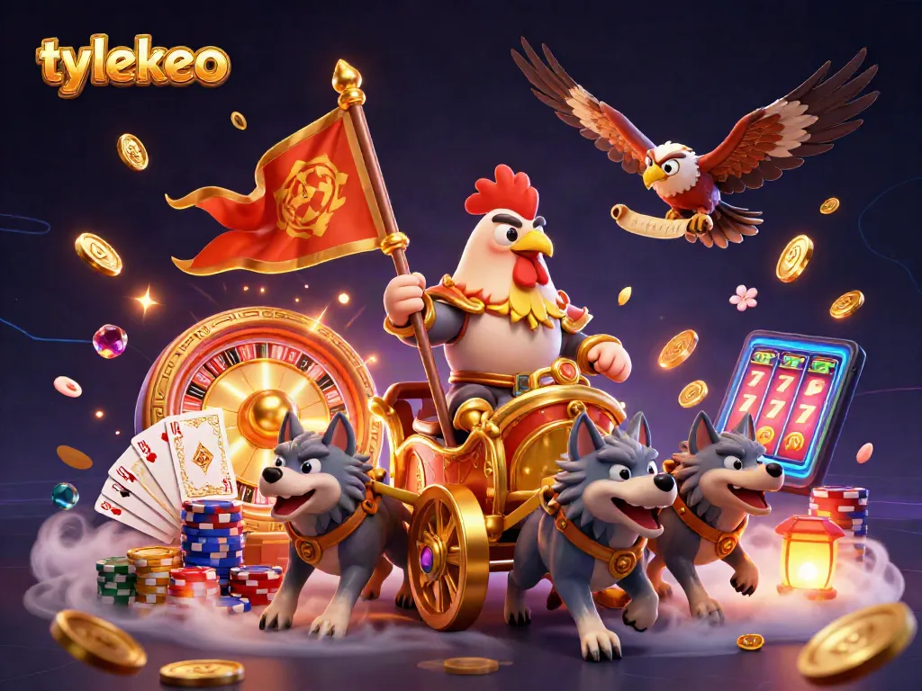 Engage with tylekeo in a vibrant casino scene featuring a rooster warlord, golden coins, and spinning roulette.
