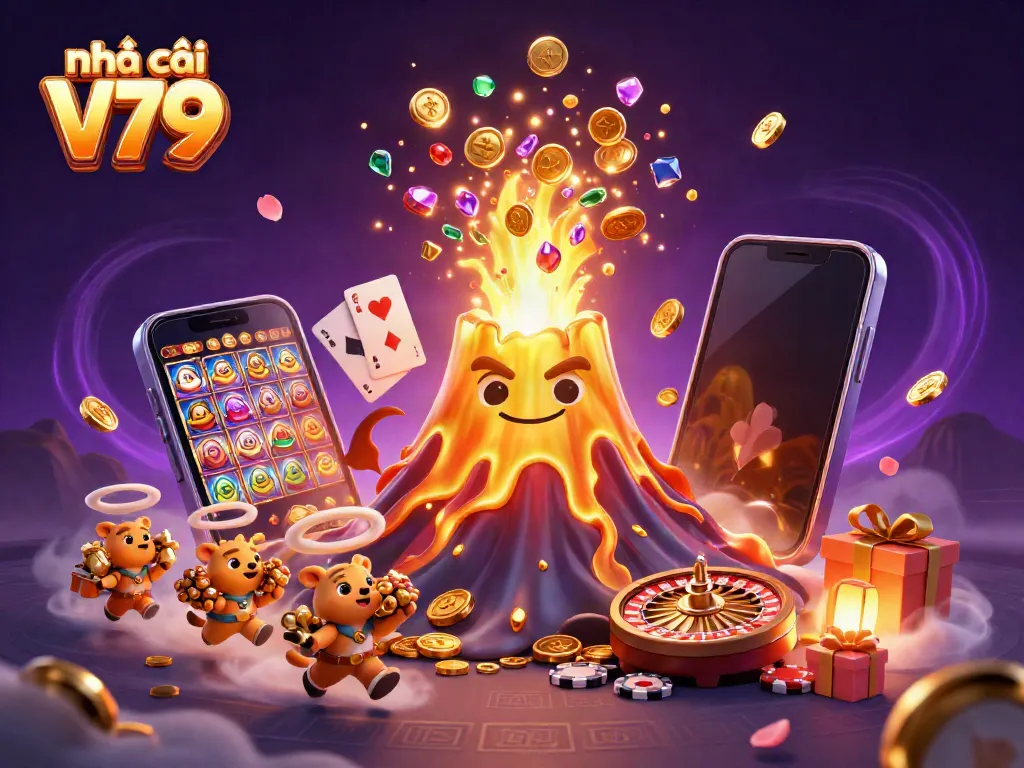 Engage with Nhà cái V79's thrilling gaming experience featuring a golden volcano and treasure-hunting animals.