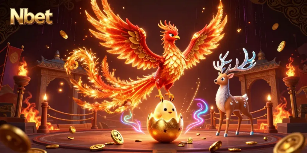 Nbet showcases a dynamic scene with a fire phoenix and baby phoenix in a vibrant betting arena.