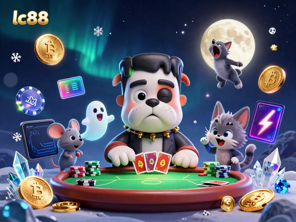 Experience thrilling card gameplay at lc88 with a colorful casino scene featuring a Frankenstein bulldog dealer.