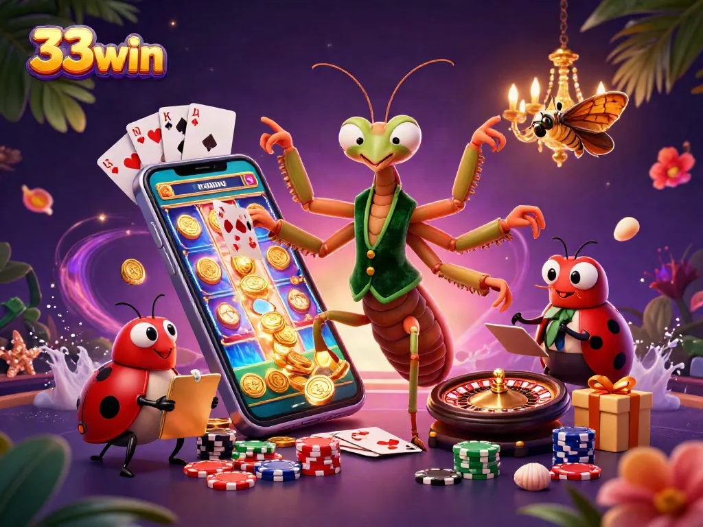 33win marks a thrilling scene with a cartoon mantis card sharp and ladybug pit boss in a lively casino.