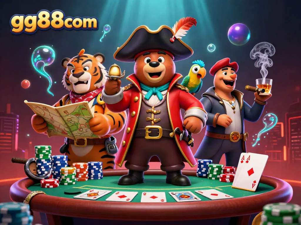 Engage in exciting gameplay with gg88com's cartoon pirate bear and friends around a dynamic poker table