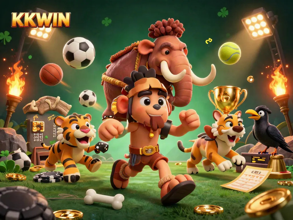 Experience KKWIN thrilling gameplay with a cartoon caveman and saber-toothed tiger in action.