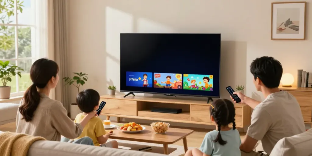 Family enjoying IPTV subscription USA in a cozy living room with vibrant decor and smart technology.