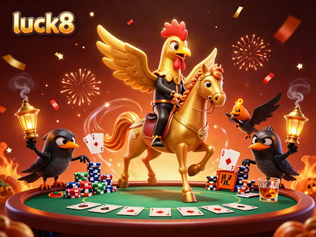 Engage in thrilling gameplay at luck8, where a golden rooster revels in the casino ambiance.