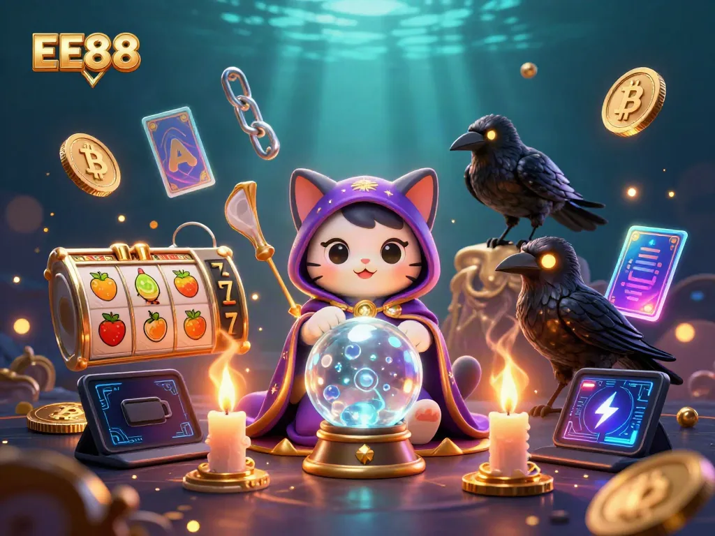 Engage with EE88's vibrant casino scene featuring a mystic cat, tarot raven, and jackpot reels.