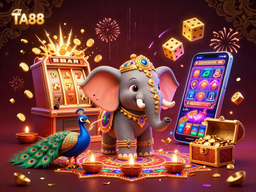 Engage with TA88’s vibrant casino scene featuring an ornate elephant, peacock, and dynamic gaming elements.
