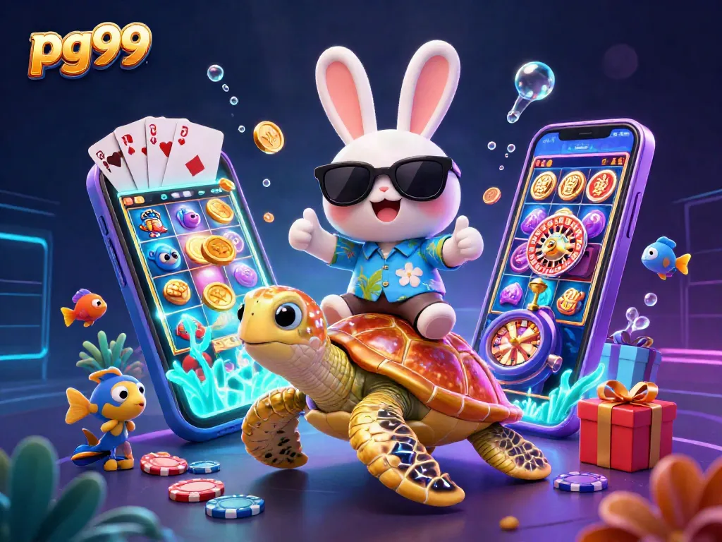 Engage with pg99 slots while a lucky rabbit rides a golden sea turtle in a vibrant casino scene.
