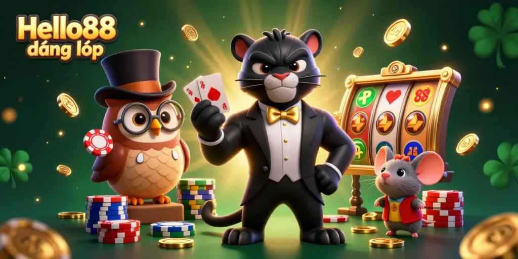 Join the excitement at Hello88 đăng nhập with a stylish panther dealer, owl, and lucky mouse amid vibrant casino elements.