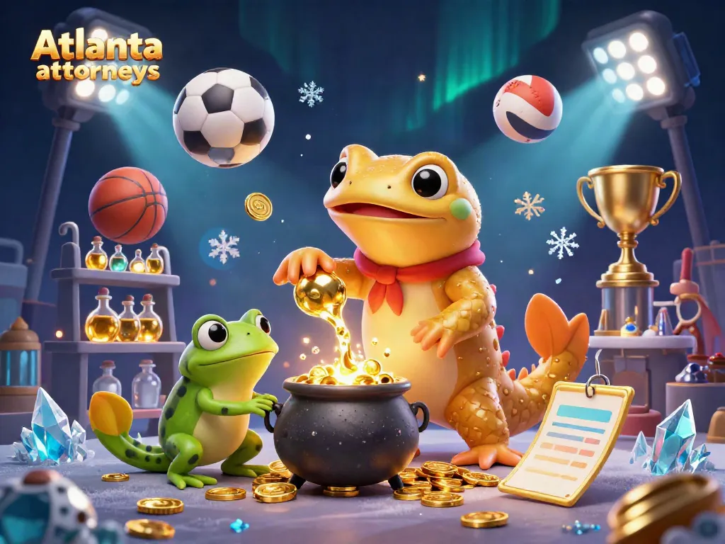Dynamic scene featuring Atlanta attorneys as golden salamander alchemist and frog apprentice in a bustling gambling laboratory.