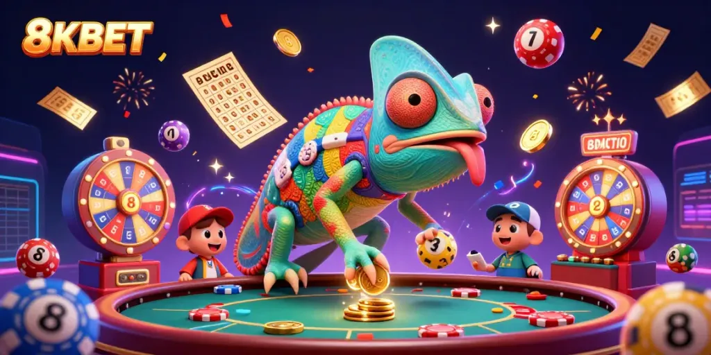 Experience the excitement of 8KBET with a vibrant illustration of a chameleon casino owner amidst dynamic casino elements.