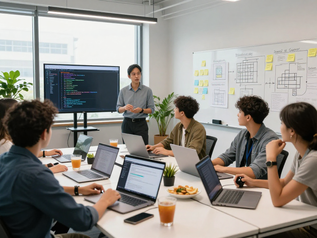 Team collaborating on API management solutions with Waygrid software in a modern workspace.