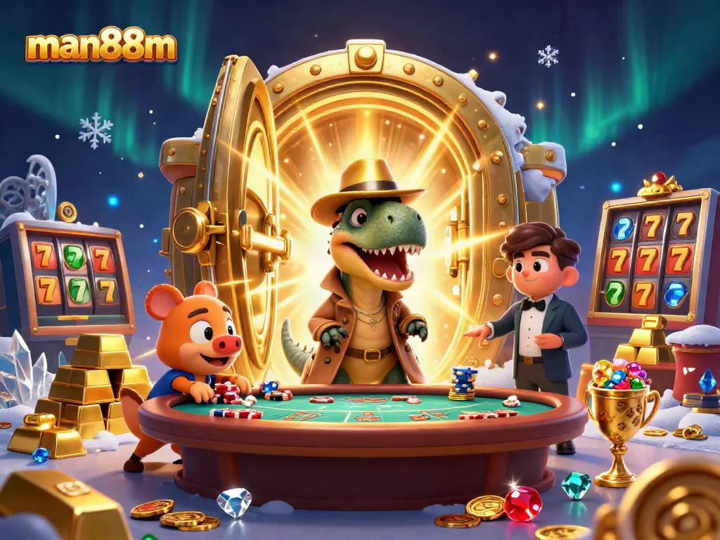 Experience the thrill of winning at man88m with a vibrant casino scene featuring charming cartoon characters.