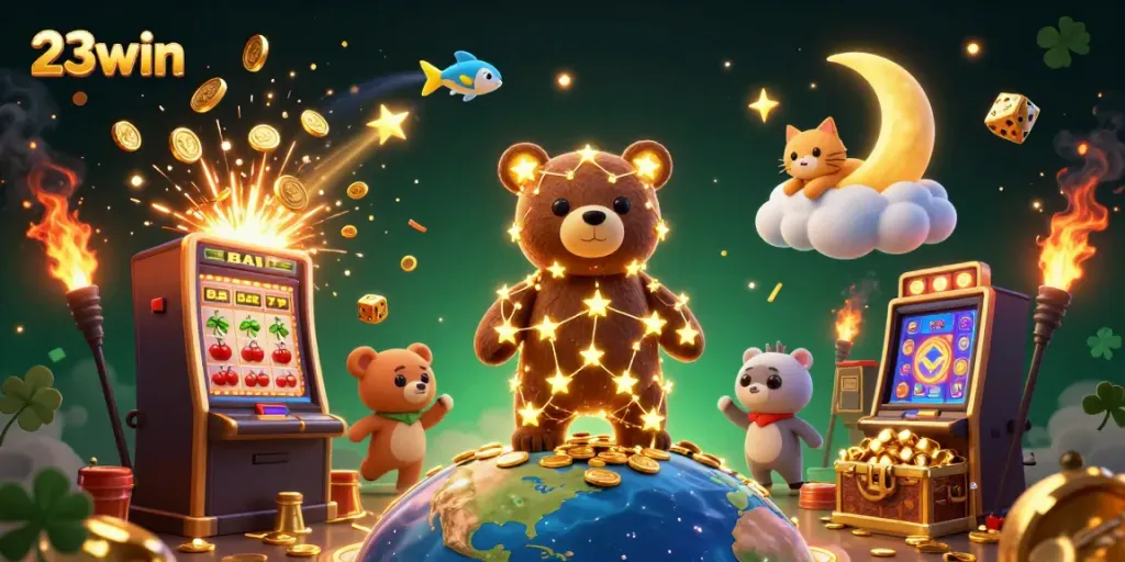 Experience thrilling wins with 23win as the constellation bear scoops coins in this vibrant casino illustration.