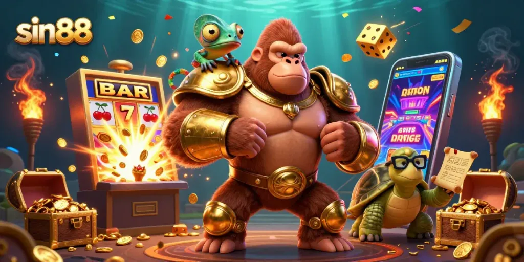 Engage with sin88's vibrant online casino scene featuring a gorilla king, a chameleon spy, and a tortoise elder.