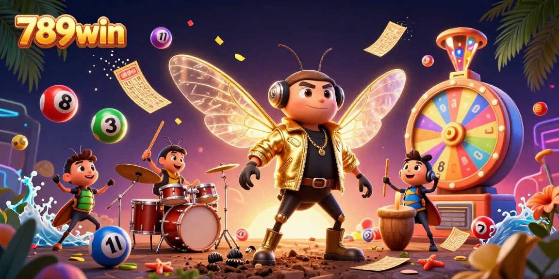 Engage with 789win's colorful gambling scene featuring a cicada rock star and dynamic lottery elements.