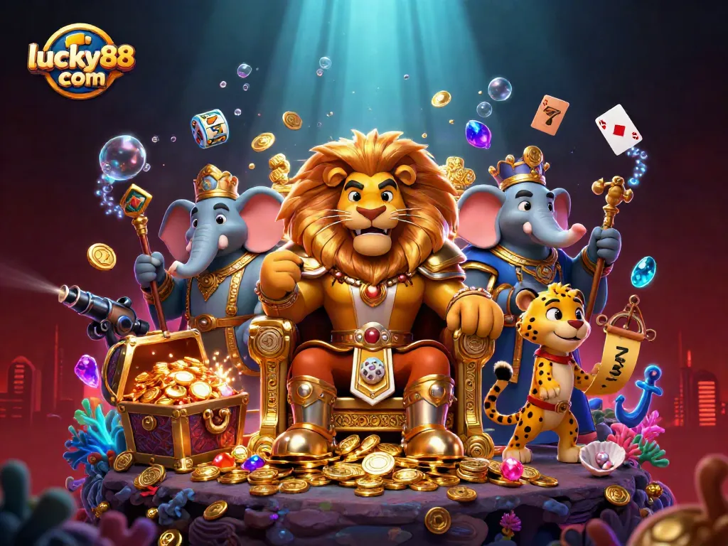 Experience exciting games with lucky88 com, featuring a lion king, wise elephant, and cheetah in a vibrant casino scene.