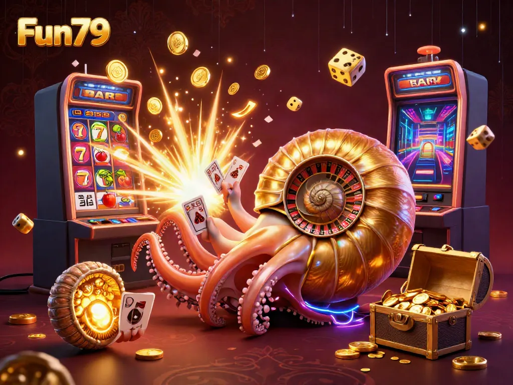 Experience the excitement of Fun79 with a vibrant casino atmosphere featuring a giant nautilus and winning symbols.