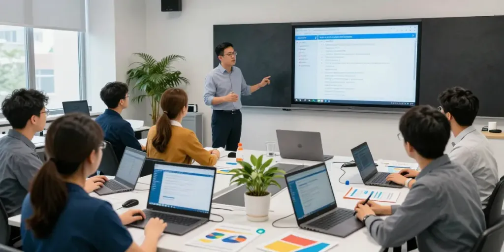 Participants engaged in LabWare LIMS training session with instructor and modern educational setup.