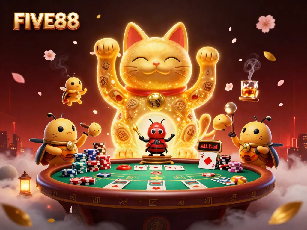 Engage with the vibrant FIVE88 gaming world as golden fireflies create casino magic.