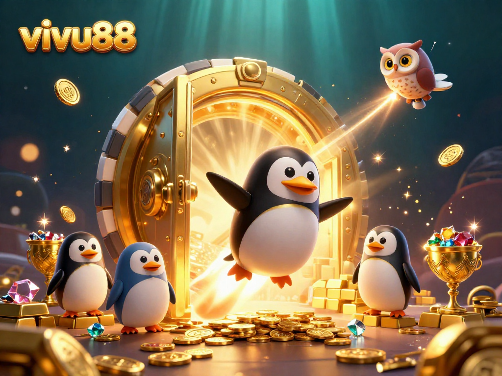 Experience excitement with vivu88 as the golden penguin soars towards a casino world filled with treasures.