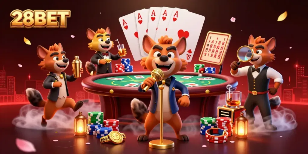 Experience thrilling moments at 28BET with animated hyenas and casino games in a vibrant 3D scene.