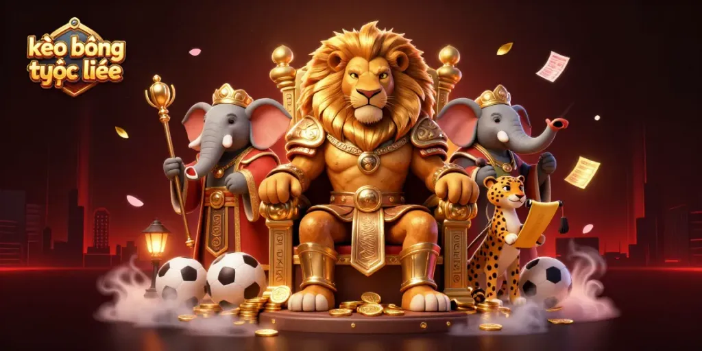 Experience kèo bóng trực tuyến with a dynamic scene featuring a lion king, elephant advisor, and cheetah messenger.