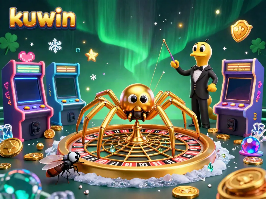 Engage with kuwin's dynamic gaming scene featuring a golden spider, roulette web, and colorful arcade elements.