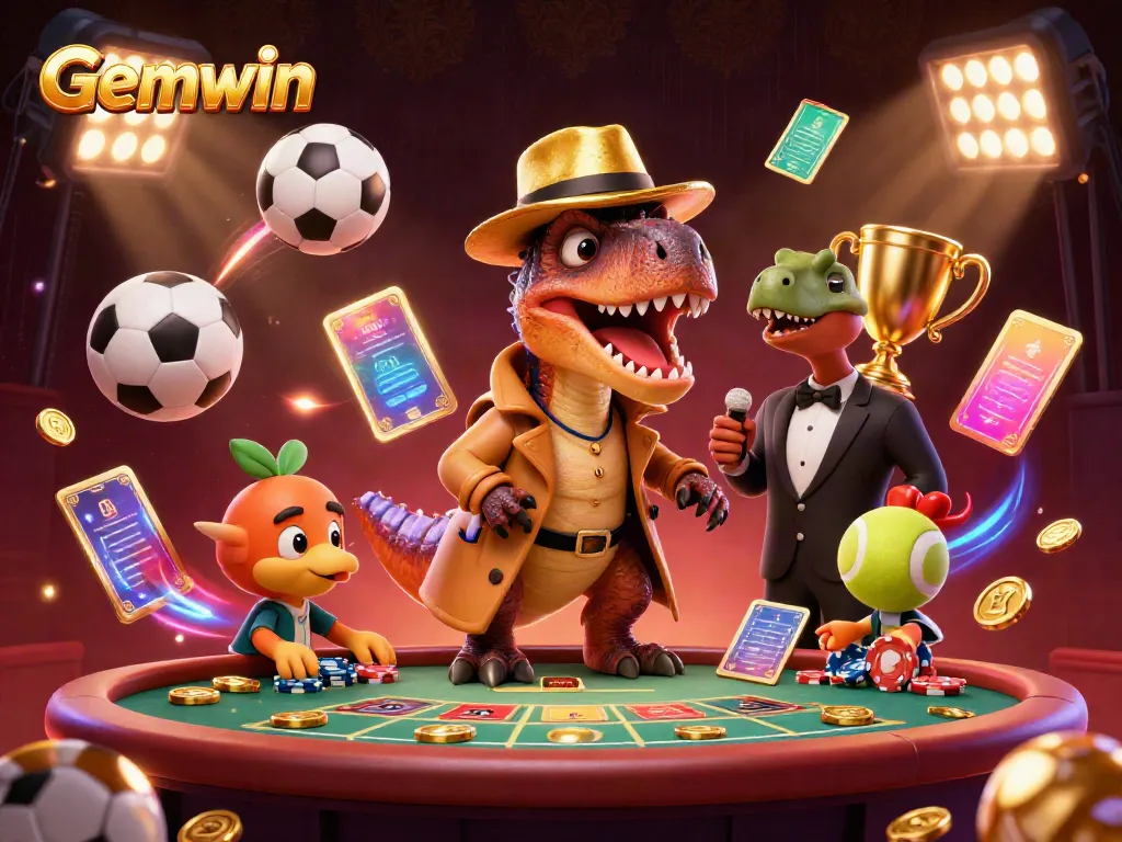 Gemwin features a 3D velociraptor card counter at a blackjack table, enhanced by dynamic gaming elements.