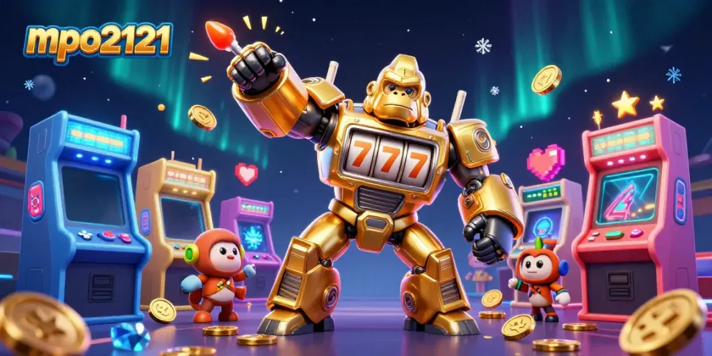 Permainan slot menarik di mpo2121 dengan karakter gorilla robot, menarik jutaan koin saat menang.