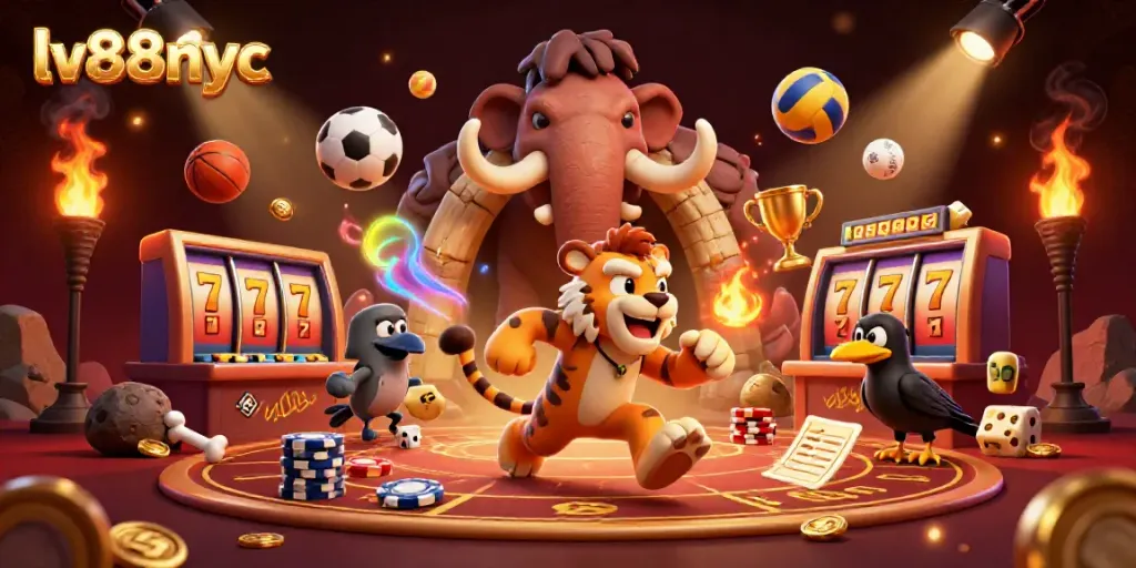 Experience the rush of gaming at lv88nyc with this vibrant, dynamic illustration of a prehistoric casino.